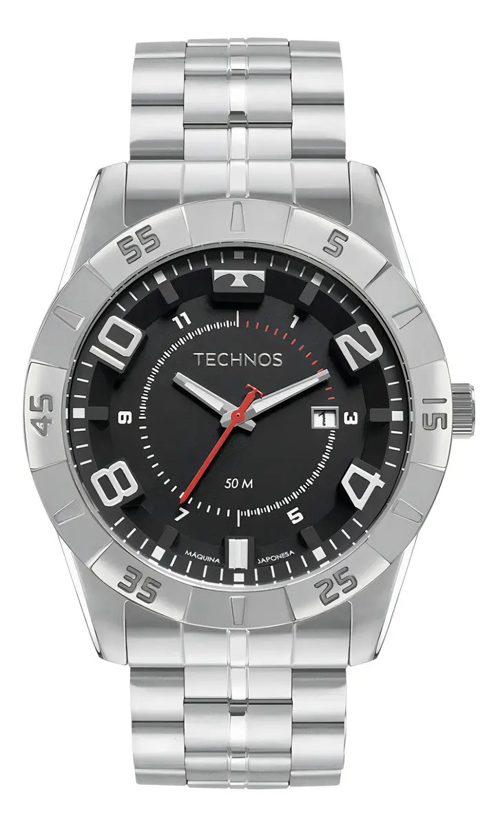 Relógio Technos Racer Masculino Prateado Analógico Quartzo 50M Fundo Preto