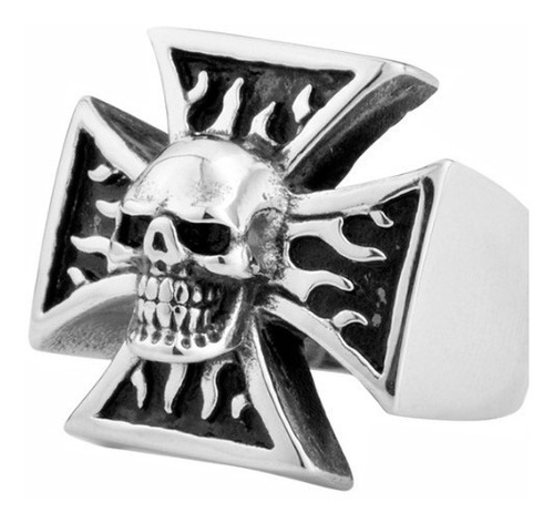 Anillo Cruz Malta Con Calavera Cráneo Chopper Biker Acero