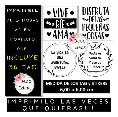 Imagen 5 de 5 de Kit Imprimible 01 Frases Positivas Tarjetas Topper Stikers