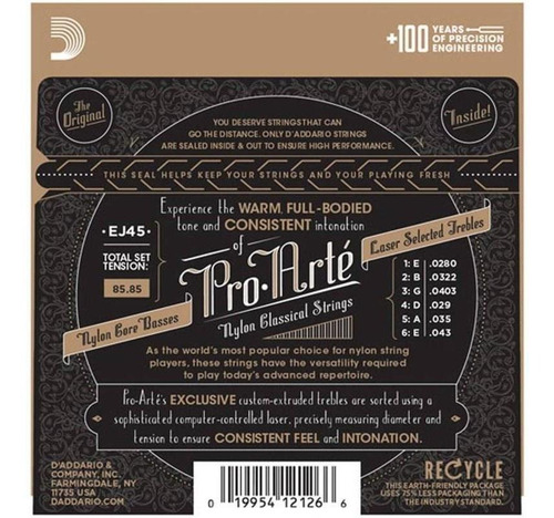 Imagen 3 de 4 de Set Cuerdas Daddario Ej45 Para Guitarra Clásica