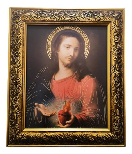 Sagrado Corazón De Jesús Op 3 En Marco Dorado A 30 X 25 Cms