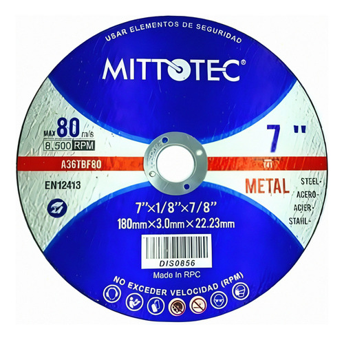 Disco Corte Metal 7  - 1/8  (3.0mm) Mittotec, 10 Unidades 