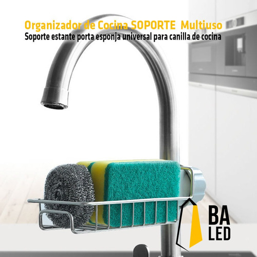 Imagen 6 de 10 de Soporte Porta Esponja Ajustable Canilla Cocina Baño Cromado
