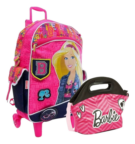 Mochila Escolar Barbie Jeans 15z Rodas G Sestini + Lancheira