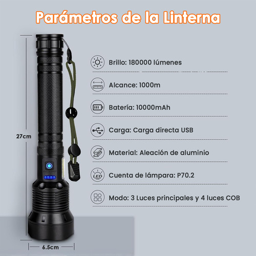 Lampara Tactica 180000lm Rechargeable Led Linterna Potentes Linterna Negro Luz Blanco