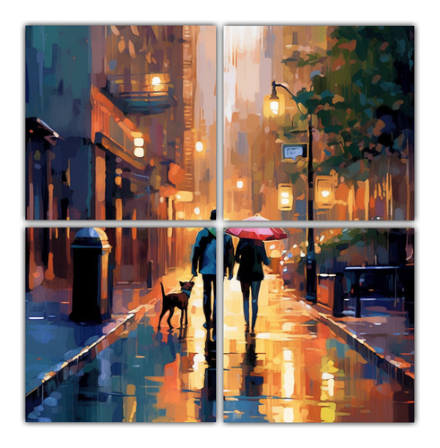 140x140cm Cuadro Pareja Caminando Perro En Nueva York Flores