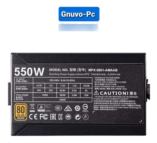 Fuente Poder Cooler Masterwatt 550 Plus 550w Bronce 80 Pc