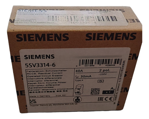 Disyuntor Diferencial Siemens, 2x40a 30ma Tipo A, 5sv3314-6
