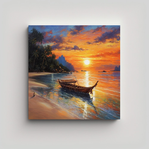 40x40cm Cuadro Playa Tailandesa Al Atardecer Bastidor Madera