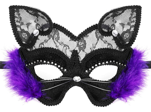 Máscara De Lujo Con Encaje De Gato Negro Para Disfraz