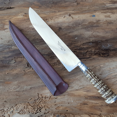Faca Churrasco 6'' Aço Inox Cabo Rabo De Tatu E Bainha Couro
