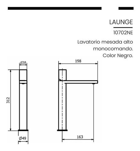 Grifería Lavatorio Pico Alto Piazza Negro Lounge Monocomando