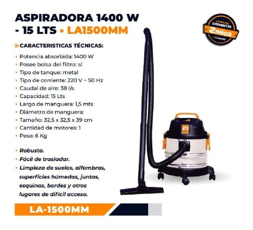 Aspiradora Polvo Liquido 15l Acero + Hidrolavadora Lusqtoff