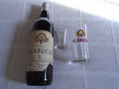 Botella De Oporto El Abuelo Llena + 2 Vasos Con Logo