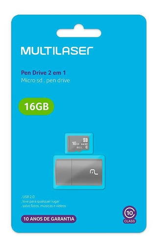 Cartão Memória Classe 10 16gb Multilaser Microsd 2 Em 1 Usb