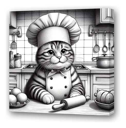 Cuadro 45x45cm Gato Chef Cocina Dibujo Cook Cat M1