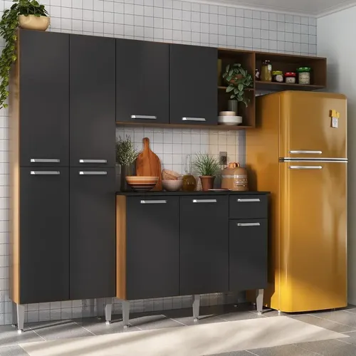 Cozinha Modulada Completa Pequim Multimóveis Madeirada/preto Carvalho Avelã/preto