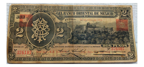 Billete 2 Peso Banco Oriental De Mexico 1914 (Usado)