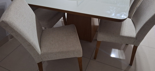 Mesa 6 Cadeiras C/ Tampo De Vidro E Aparador Central De Mesa Branco Marrom (Usado)