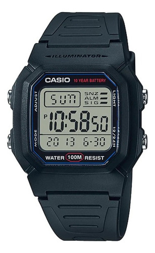 Reloj pulsera Casio Collection W-800h-1AVDF de cuerpo color negro, digital, para hombre, fondo blanco, con correa de resina color negro, dial negro, minutero/segundero negro, bisel color negro y hebilla simple