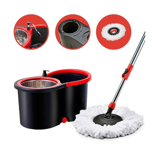 Mop Giratorio Pro Esfregão Centrifugador Balde Com Refil Cor Preto com Vermelho