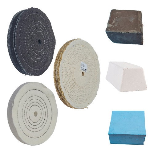 Kit Polimento Roda Pano 200mm Algodão Jeans Sisal + 3 Massas Cor Variada - Bege Branca Azul