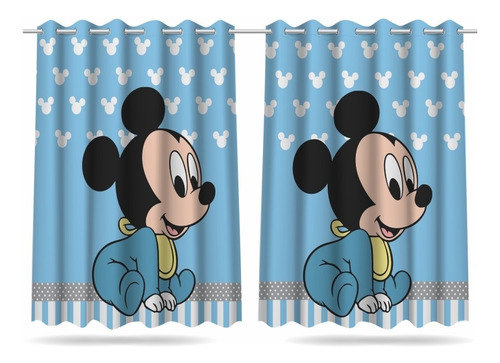 Imagem 2 de 9 de Kit Cortina Infantil Quarto Mickey Baby + 3 Capas Almofada
