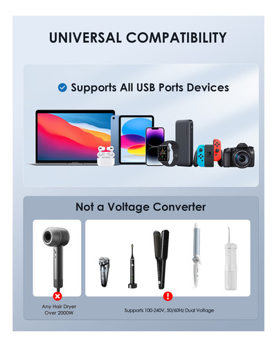 Adaptador de viaje universal Epicka negro, con 2 puertos USB-A y 1 USB-C, compatible con enchufes de EE. UU., UE, Reino Unido y Australia.
