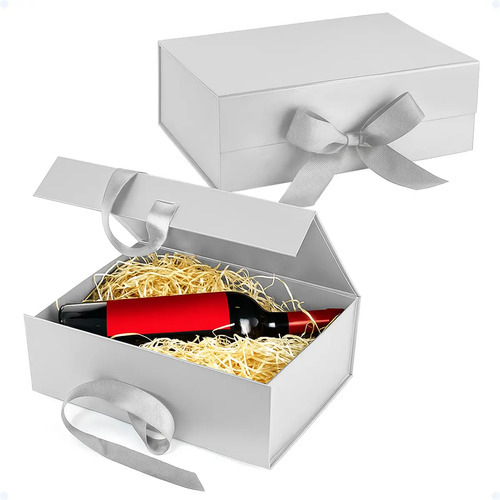 Caixa Para Cartonada Presente Premium Magnética Laço Cetim Cor Prateado