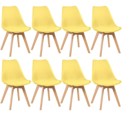 8 Cadeiras Estofada Leda Base Madeira Eames Cozinha Cores Estrutura Da Cadeira Amarelo