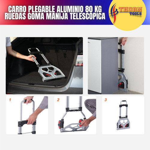 Carro Plegable Aluminio 80kg Ruedas Goma Manija Telescopicah Color Plateado