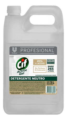 Detergente Lavavajillas Prof Cif Gel Neutro Unilever 5 Lts