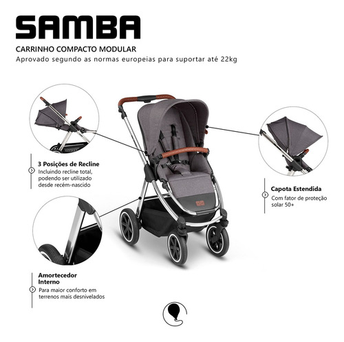 Carrinho De Bebê Abc Design Samba Asphalt Cor Cinza Cor do chassi Prata