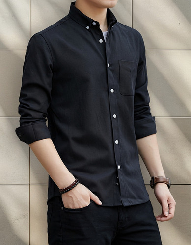 Camisa Para Hombre, Diseño De Dobladillo Con Botones, Algodó