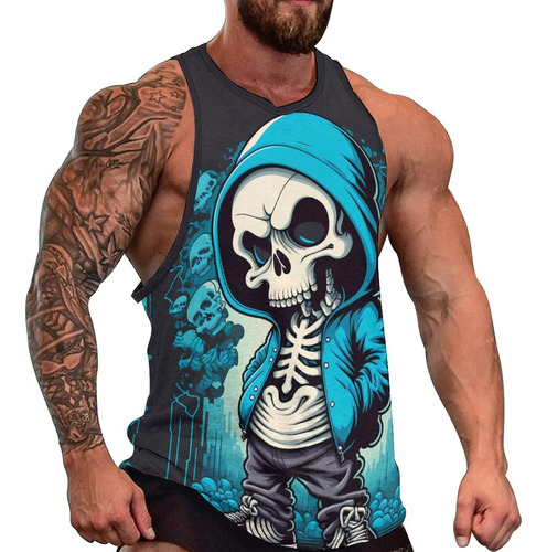 Camiseta Manga Estampado Calavera 3d Para Hombre Casual