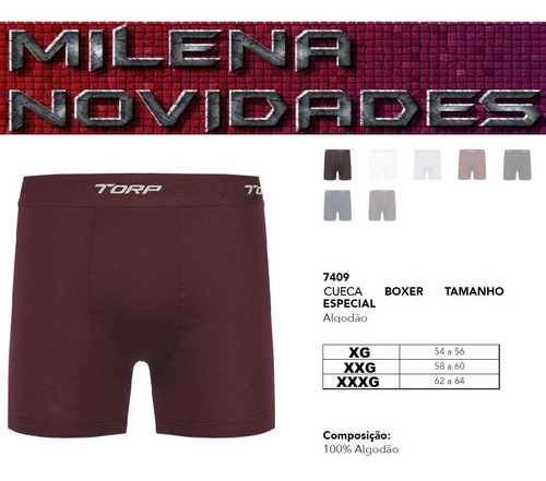 Imagem 2 de 8 de Cueca Boxer 100% Algodão Torp Plus Size 54 64 Kit 10 Peças