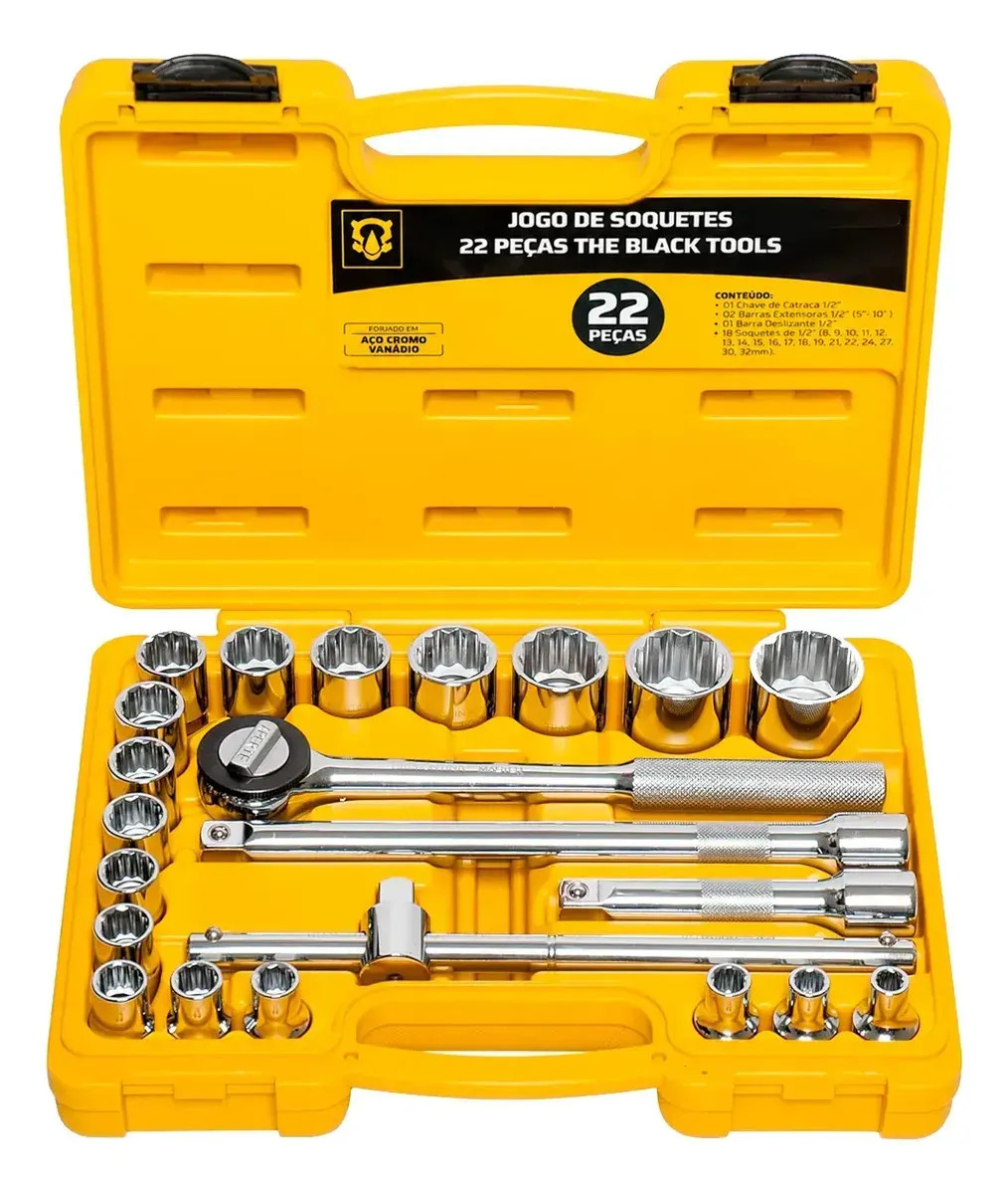 Jogo De Soquete 1/2 Pol Estriados Catraca Reversível 22 Peças 8 a 32mm The Black Tools Maleta Manutenção Carros Motos