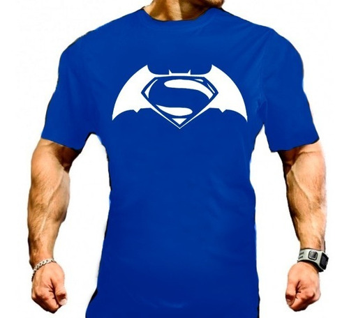 Playera Muscle Gym Batman/superman Blanco Mc Color Azul Rey 