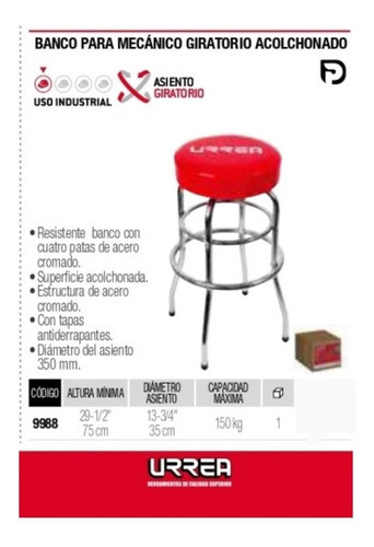 Banco Para Mecánico 75cm Acolchonada 9988 Urrea