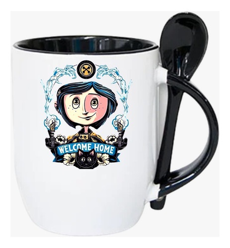 Taza Con Cuchara Coraline Y La Puerta Secreta 320 Ml Negro Coraline