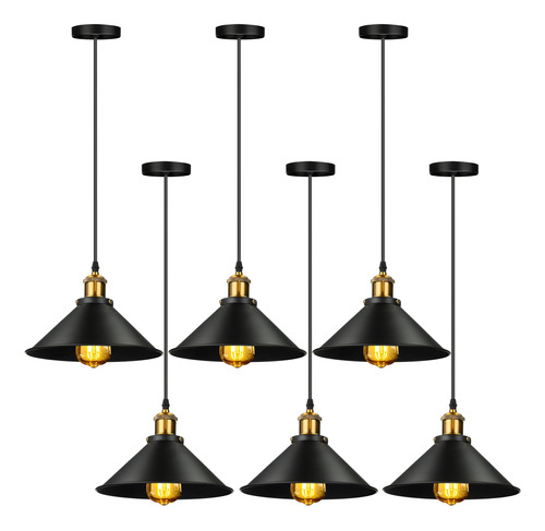 6 Luz Colgante Industrial E26 E27 Base Negra Granja Pantalla