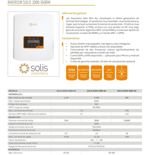 Imagen 2 de 3 de Inversor Solis 3600 W 4g Mini 220 V Incluye Wifi Stick