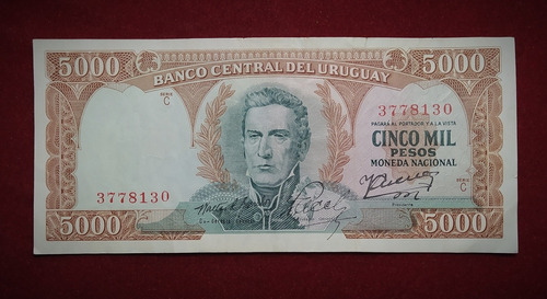Billete 5000 Pesos Uruguay 1967 Pick 50 B Artigas 