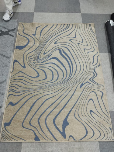 Tapete Sala 300x400cm 3x4 Sem Pelo Organico Bege Azul Comprimento 4 M Desenho Do Tecido Geométrico Largura 3 M