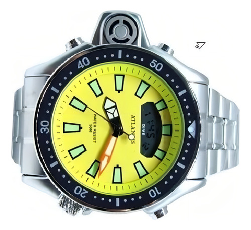 Relógio De Pulso Atlantis Atlantis Aqualand Com Corpo Prata, Para Masculino, Fundo Prata E Laranja, Com Correia De Aço Inoxidável Cor E Pulseira
