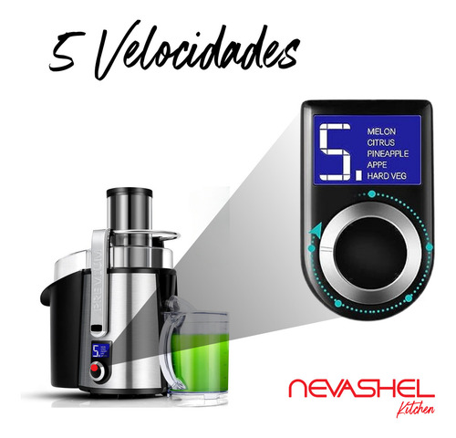 Extractor de Jugos Profesional Nevashel AD-08, 1400W, 5 Velocidades, Vaso de 1 Litro, Display Digital, Automático, Ideal para Frutas y Verduras, Diseño Moderno, Uso Doméstico y Comercial, 127V