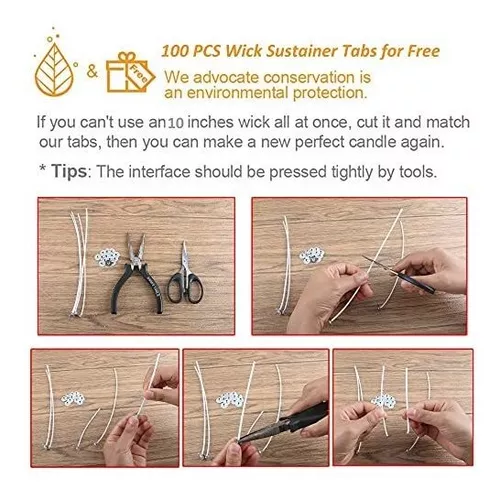  MILIVIXAY 100PCS 10 inch Candle Wicks with 100 Metal Tabs,  100PCS Candle Wick Stickers and 6PCS Wooden Candle Wick Holders - Wicks  Coated with Paraffin Wax, Cotton Wicks Kits for Candle Making.