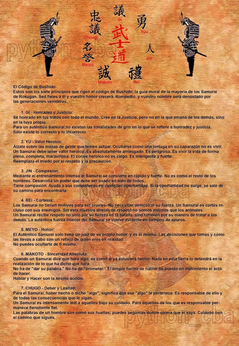 Póster Pergamino Código Samurai Bushido 7 Virtudes