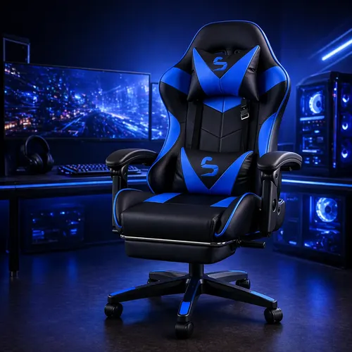 Cadeira Gamer Escritório Ergonômica Confortável Reclinável Azul Couro Sintético