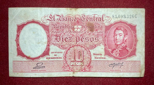 Billete 10 Pesos Argentina 1953 Serie C Bottero 1945